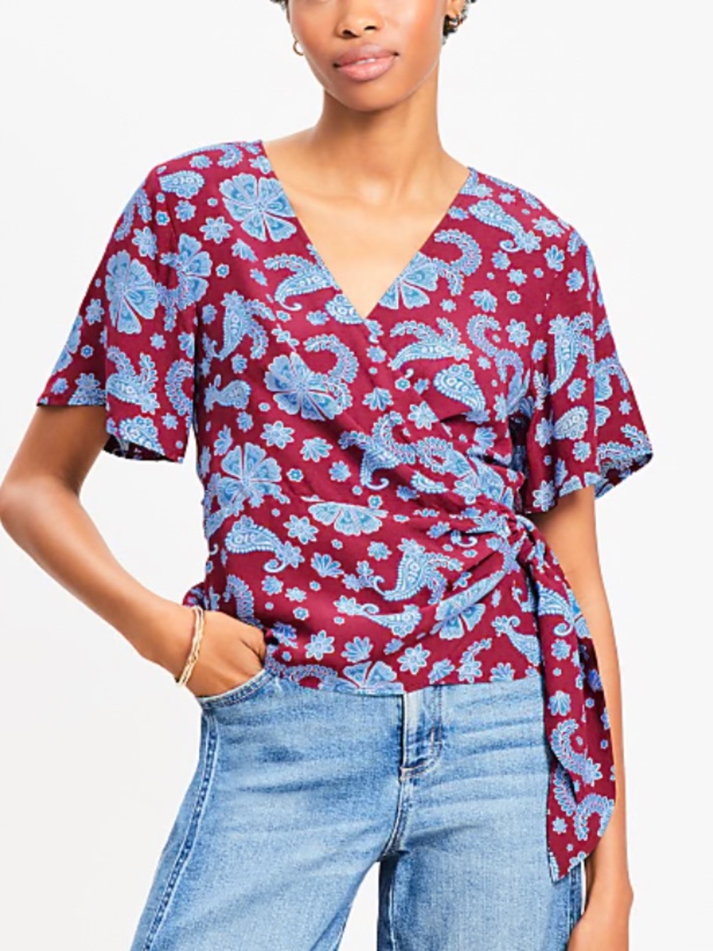 NWOT Loft Tiled Flutter Sleeve Wrap Blouse
